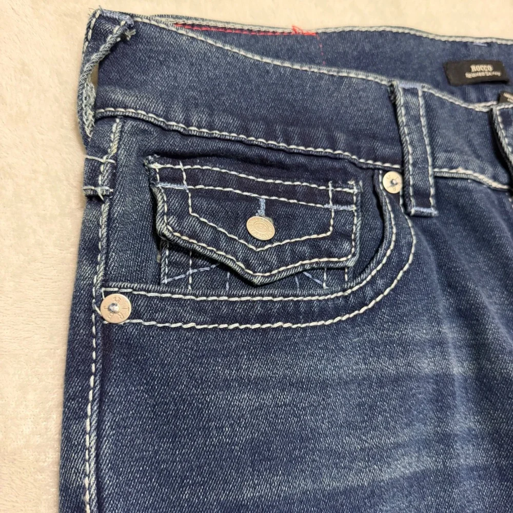 True Religion Rocco Mens Size 34 Dark Woodland Wash Big T Flap Skinny Jeans